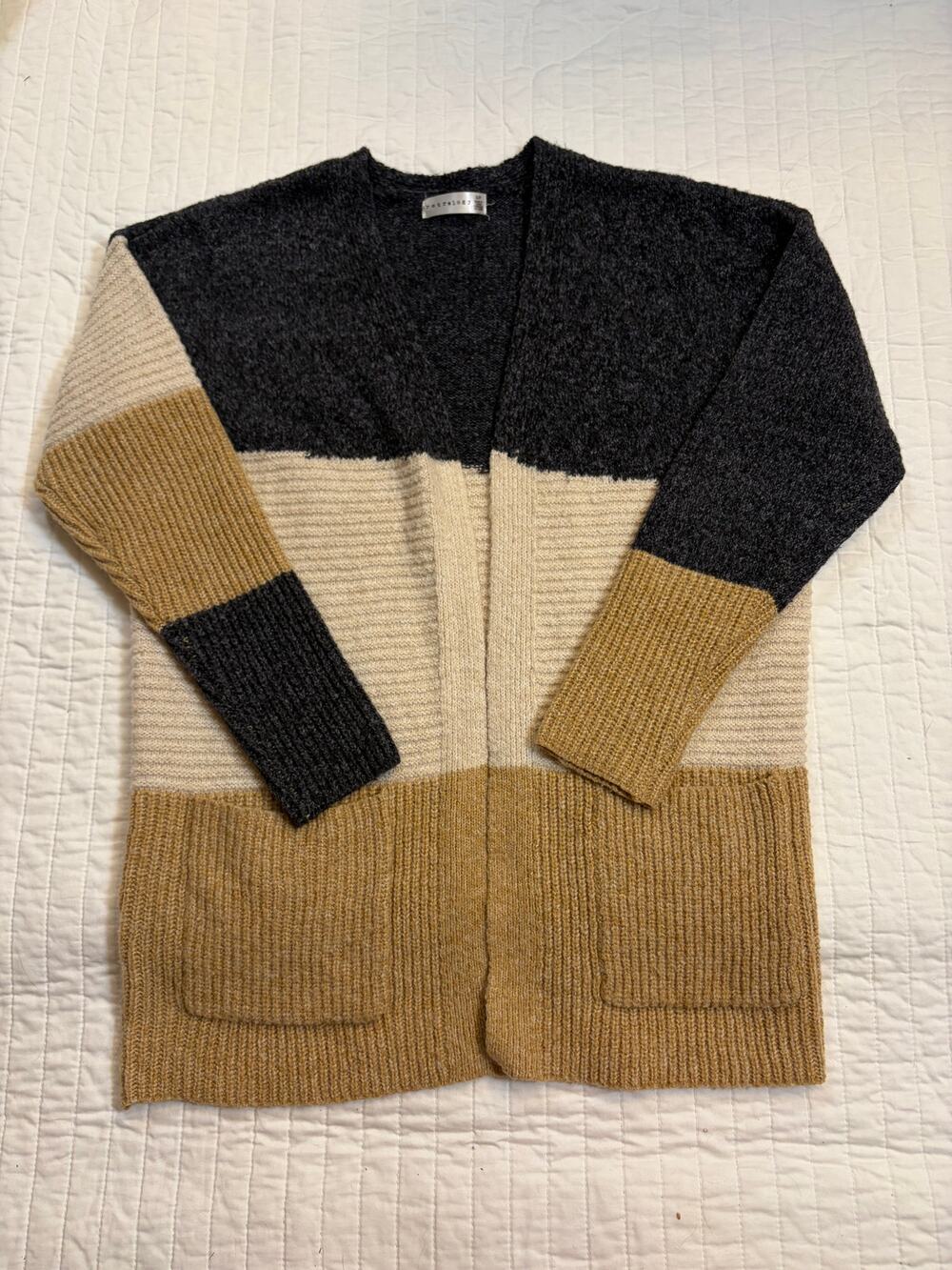 Retrology Colorblock Open Front Knit Cardigan Sweater with Pockets - Size S